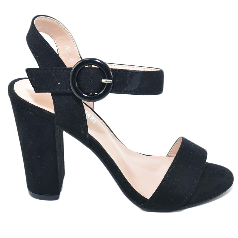 Sandalo donna nero in ecopelle scamosciato tacco largo alto 8 cm cinturino alla caviglia open toe tallone scoperto