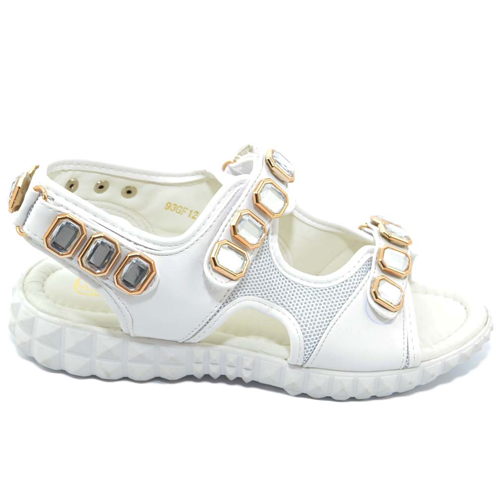 SANDALI DONNA BASSI BIANCO COMFORT CON SUOLA ANTISCIVOLO, PLANTARE ANATOMICO CHIUSURA STRAPPO DETTAGLIO STRASS OPEN TOE .