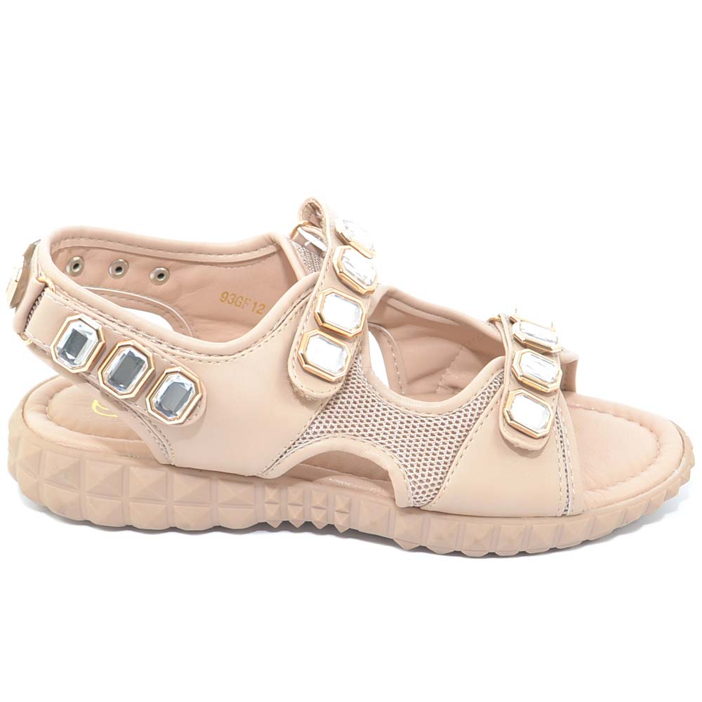  SANDALI DONNA BASSI NUDE COMFORT CON SUOLA ANTISCIVOLO E PLANTARE ANATOMICO CHIUSURA STRAPPO DETTAGLIO STRASS OPEN TOE.