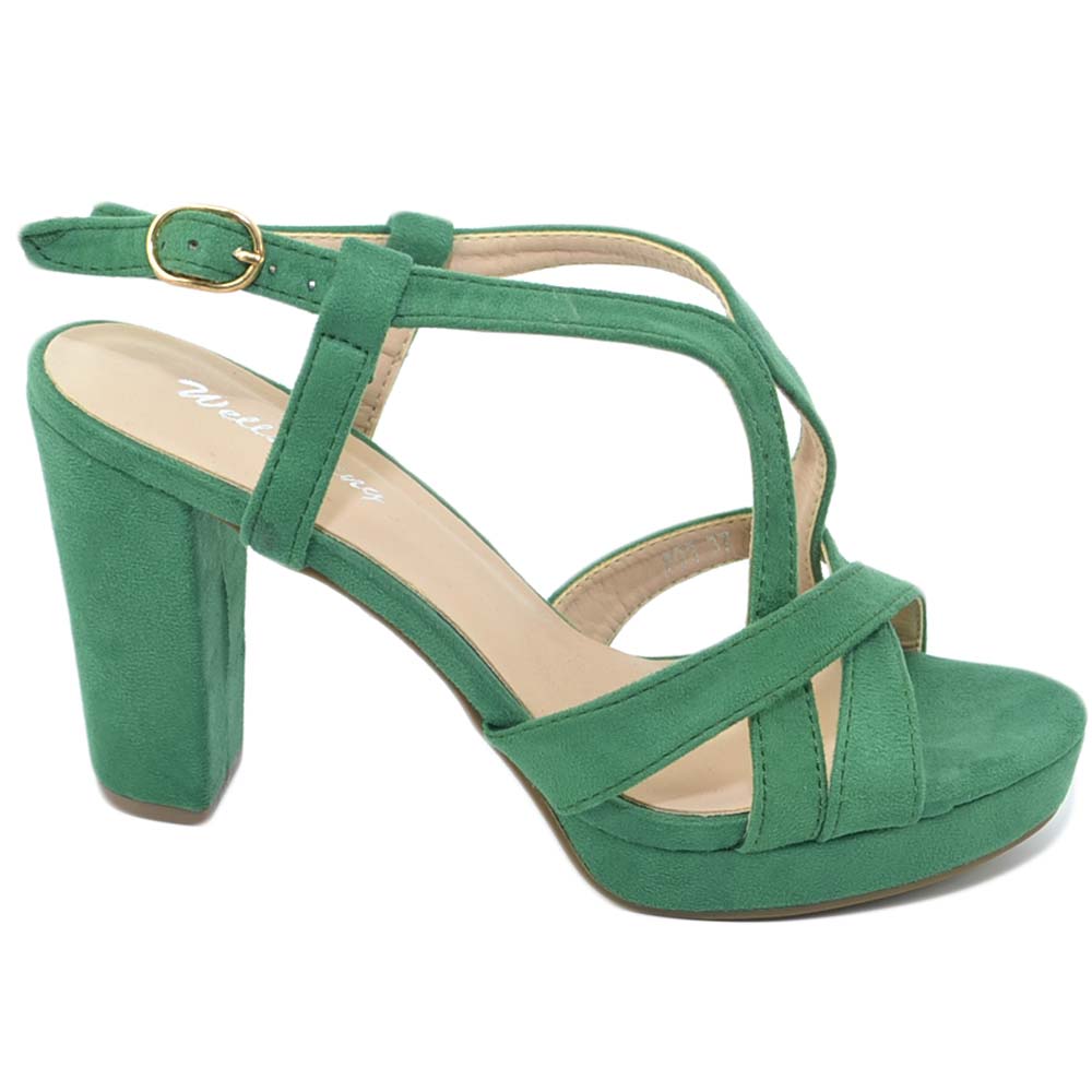 Sandalo donna verde  scamosciato con fascette intrecciate open toe con plateau e tacco largo cerimonia moda comfort