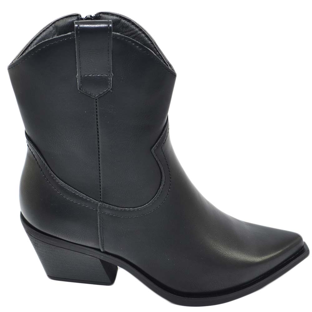 Stivaletti Camperos neri donna stivali texani a punta tipo western nero con tacco liscia altezza caviglia moda basic