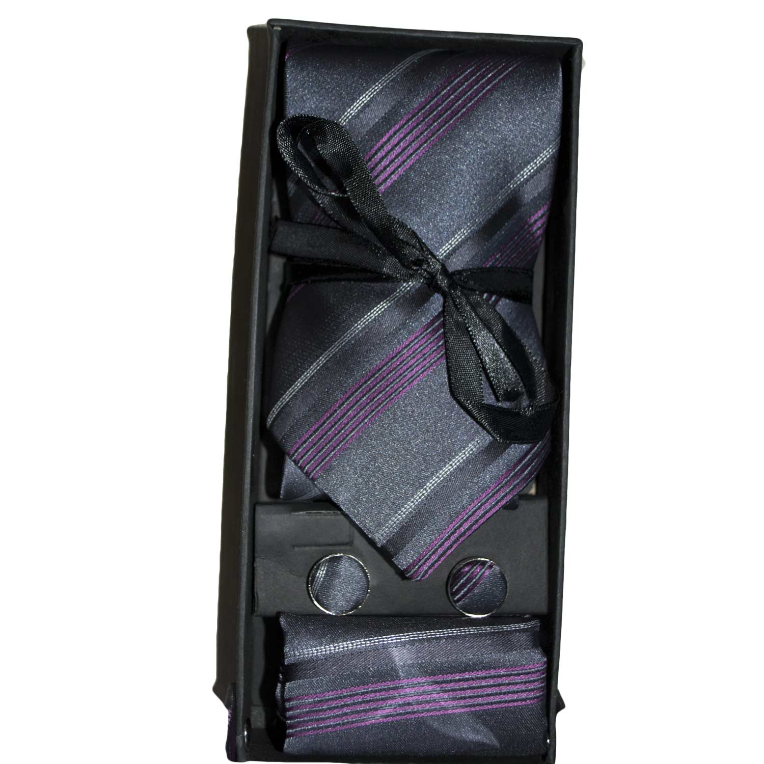 Set coordinato uomo cravatte  con gemelli e pochette nero viola fantasia righe elegante cerimonia.