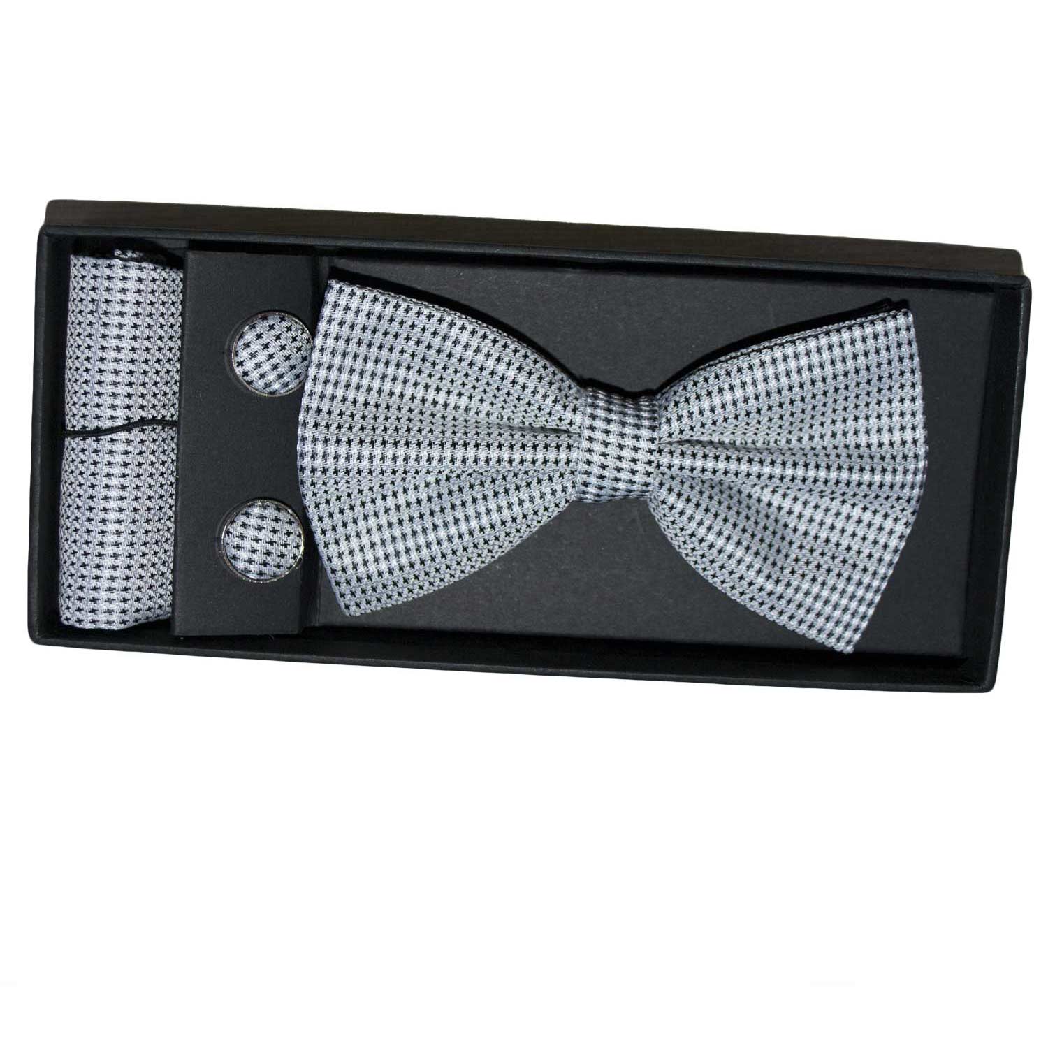 Set coordinato uomo papillon con gemelli e pochette bianco pois elegante cerimonia