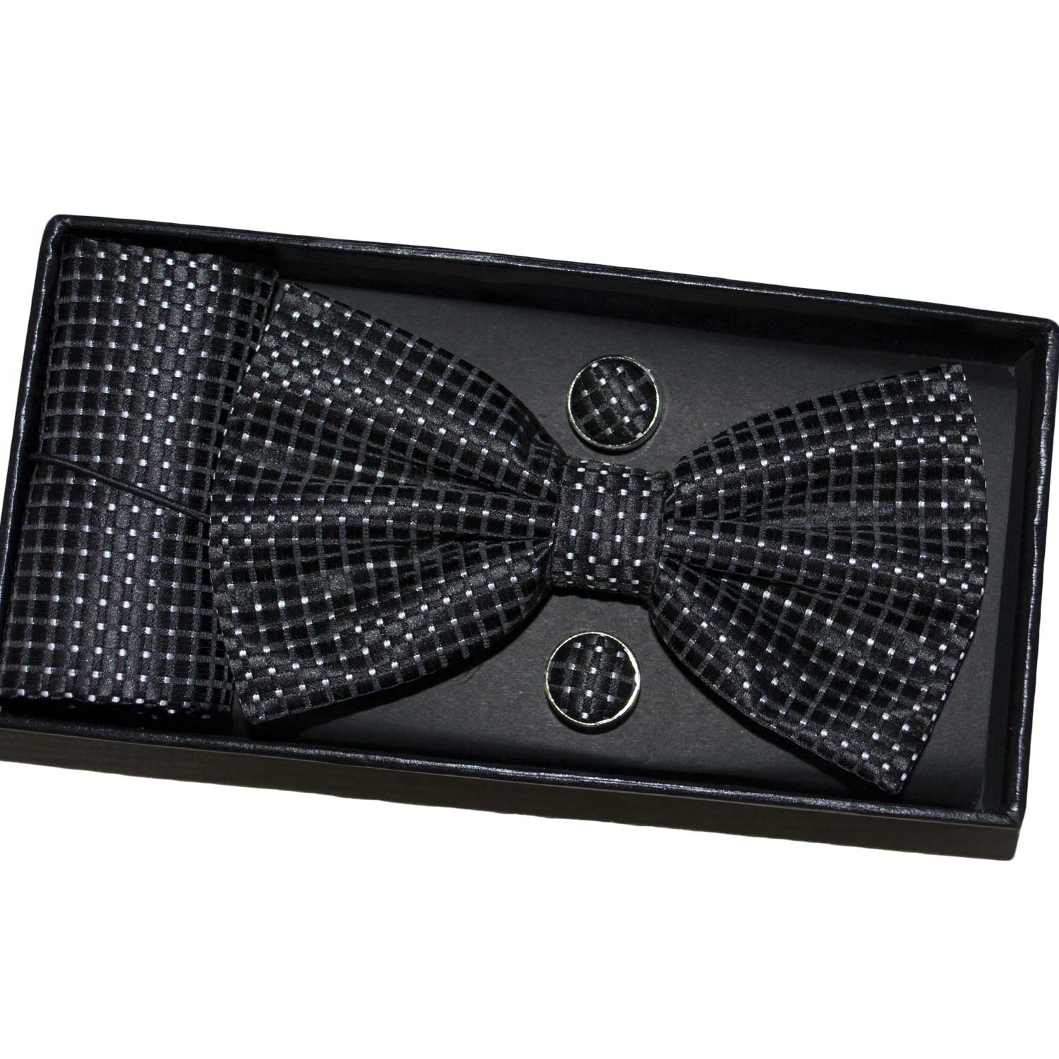 Set coordinato uomo papillon con gemelli e pochette nero  pois elegante cerimonia