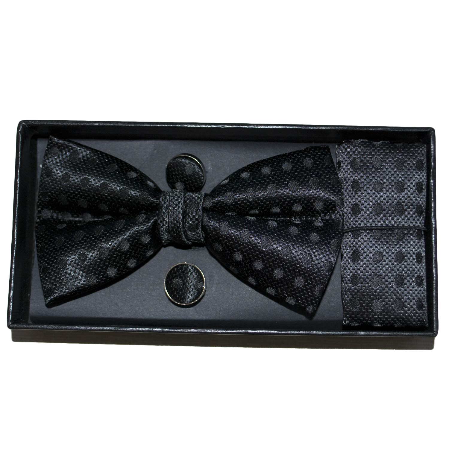 Set coordinato uomo papillon con gemelli e pochette nero fantasie pois elegante cerimonia