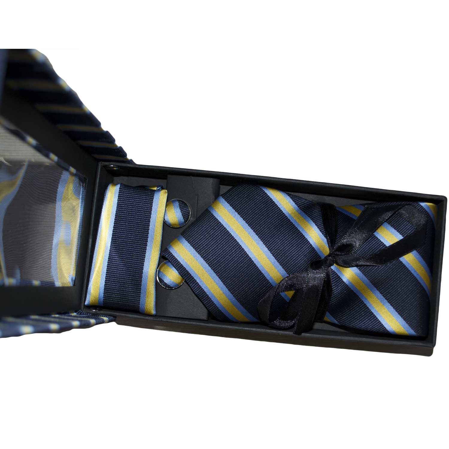 Set coordinato uomo cravatte con gemelli e pochette blu righe giallo elegante cerimonia