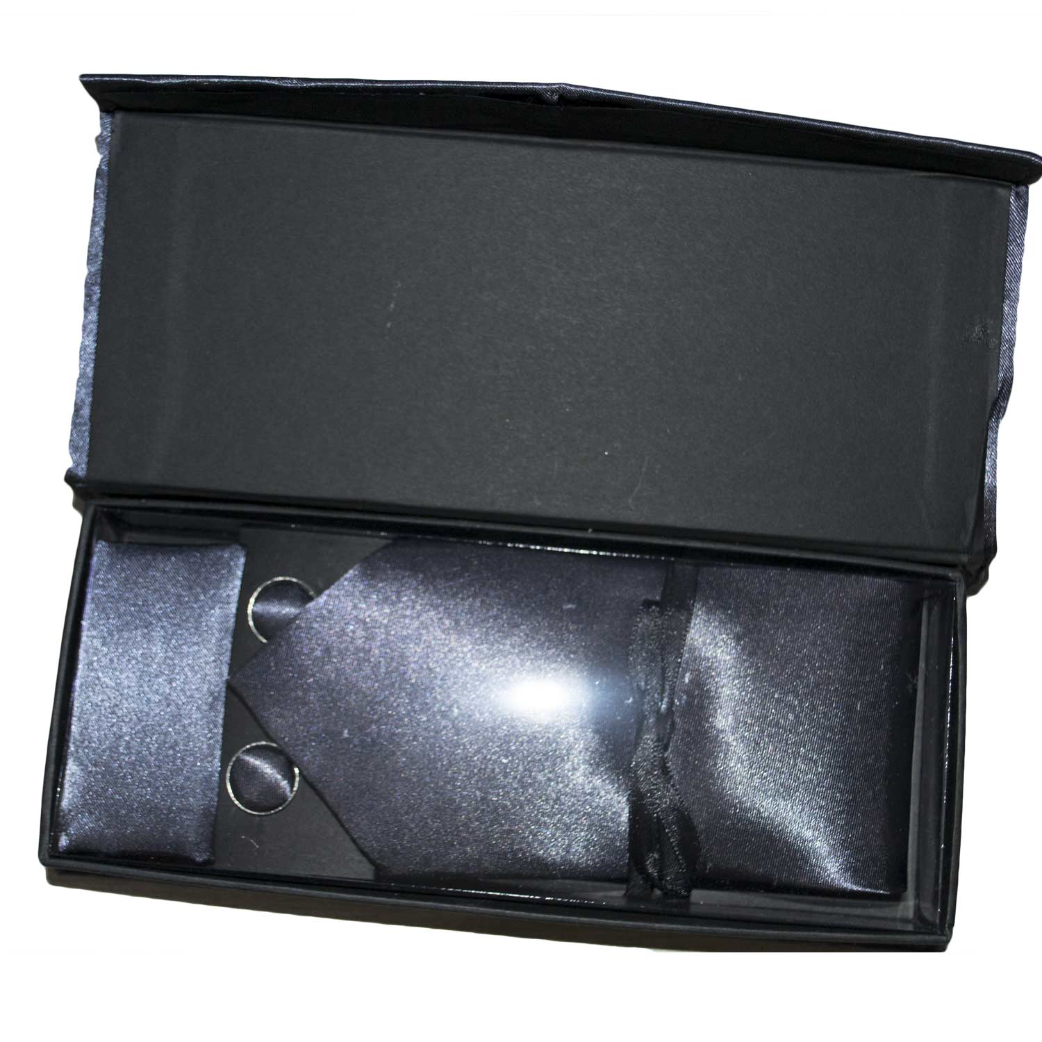 Set coordinato uomo cravatte con gemelli e pochette grigio scuro elegante cerimonia