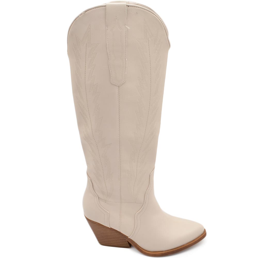 Stivali donna camperos texani stile western beige con cucitura in rilievo tinta unita tacco 5 cm altezza polpaccio