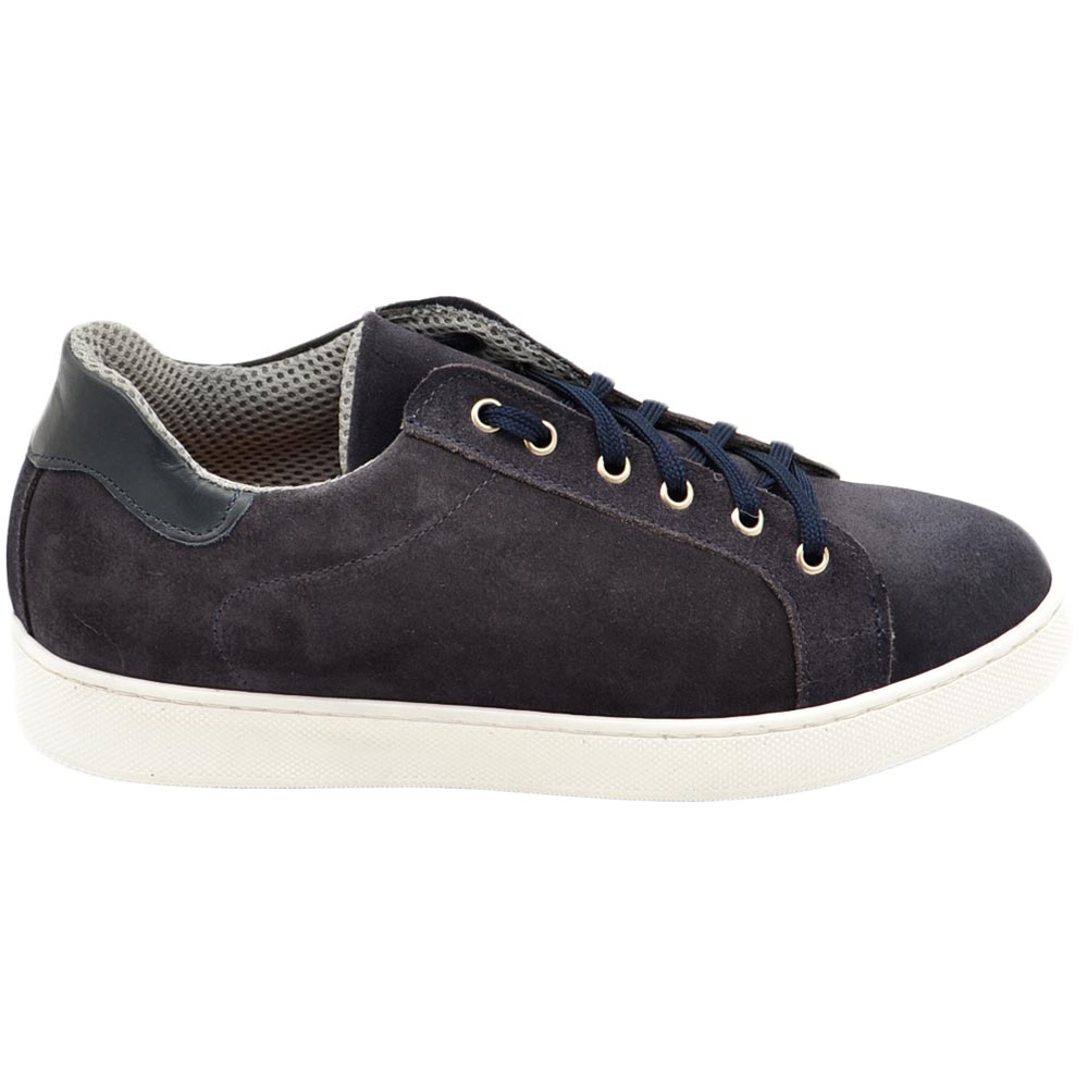 Scarpe sneakers basse uomo blu in vera pelle scamosciata fondo gomma run extra bianca moda streetwear made in Italy.