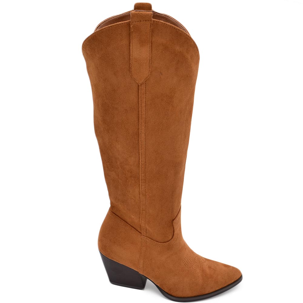 Stivali texani camperos donna lisci in camoscio cuoio al ginocchio con tacco legno 5 cm western moda zip.