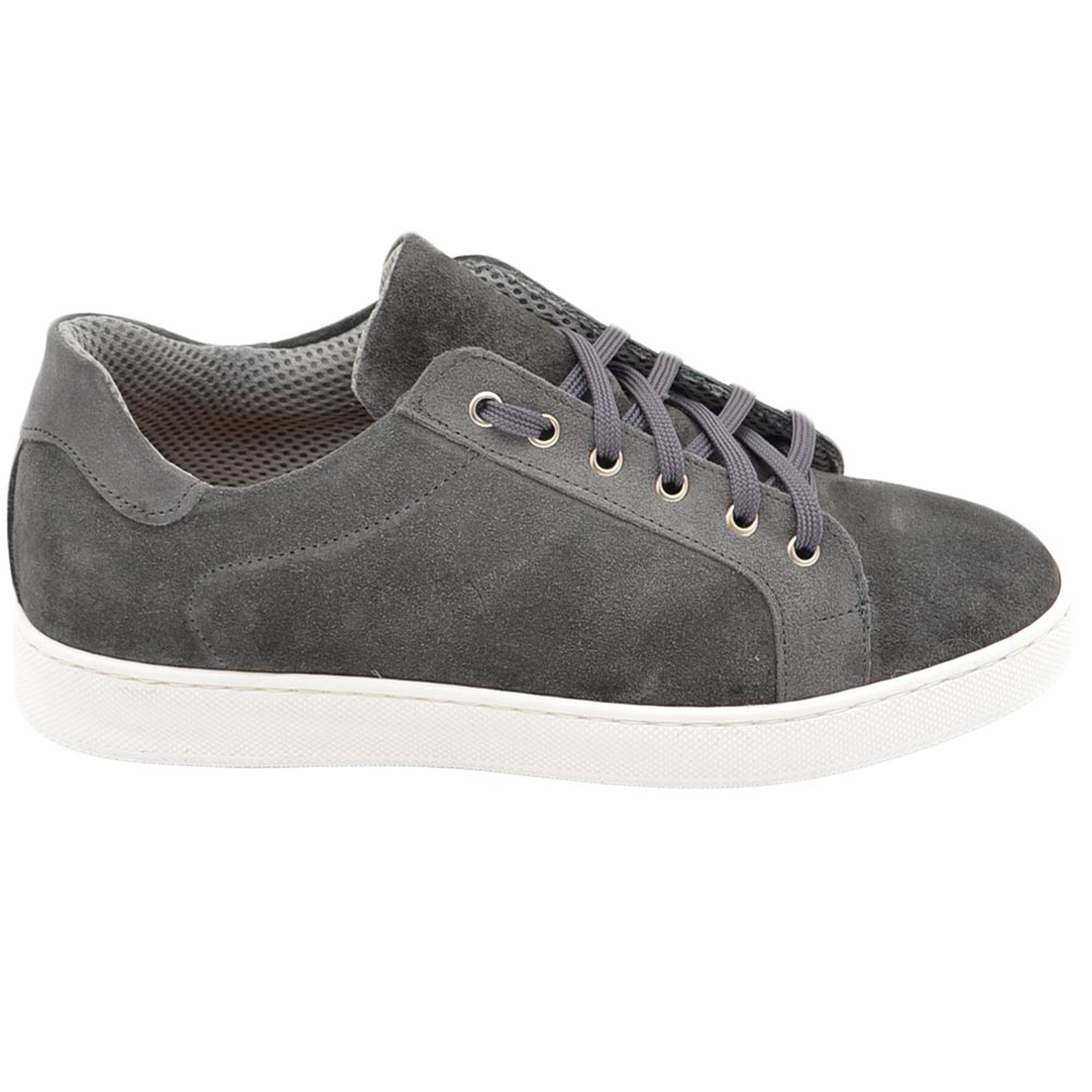 Scarpe sneakers basse uomo grigio in vera pelle scamosciata fondo gomma run extra bianca moda streetwear made in Italy.