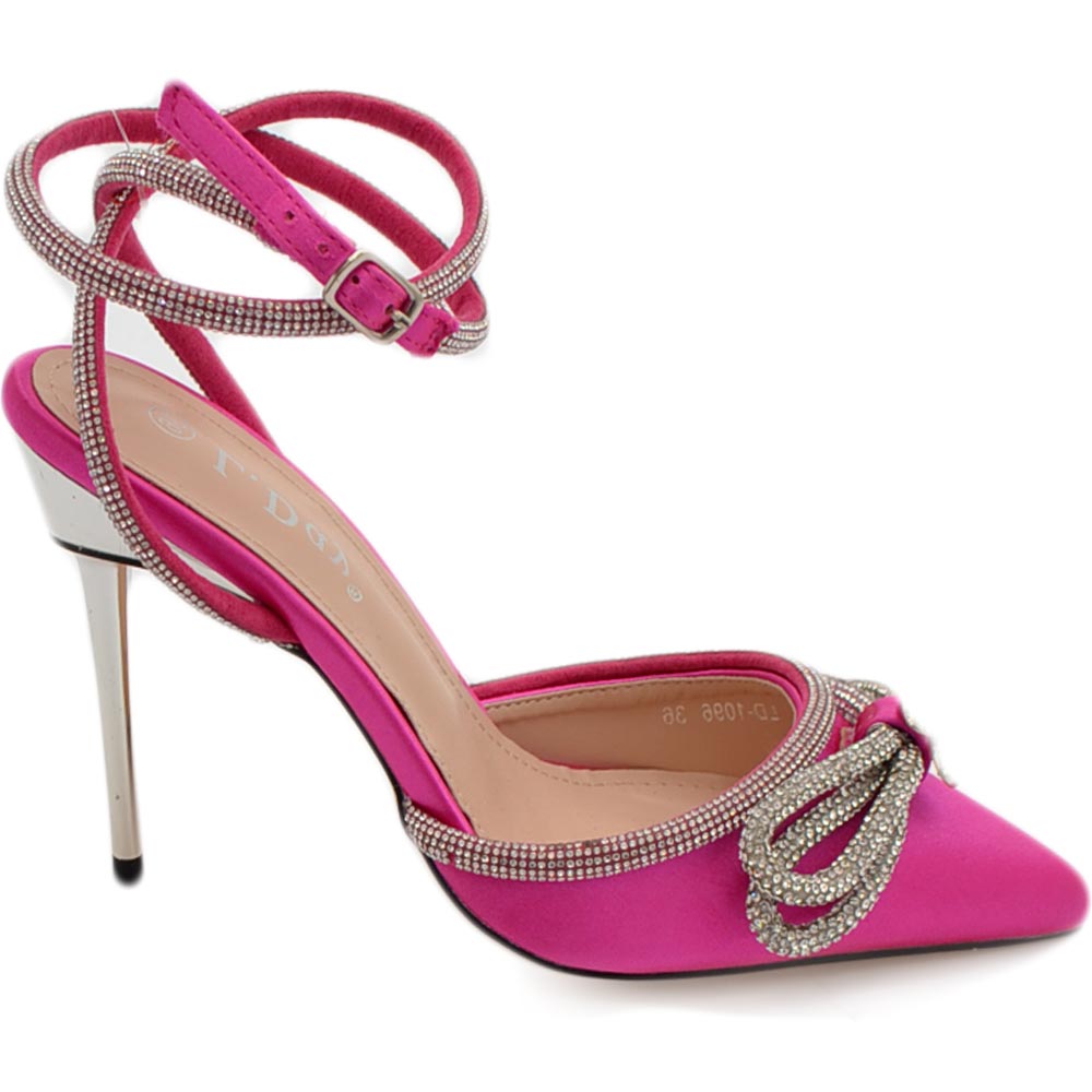 Decollete' donna gioiello elegante fiocco strass in raso fucsia con tacco a spillo 120 e cinturino scintillante moda.