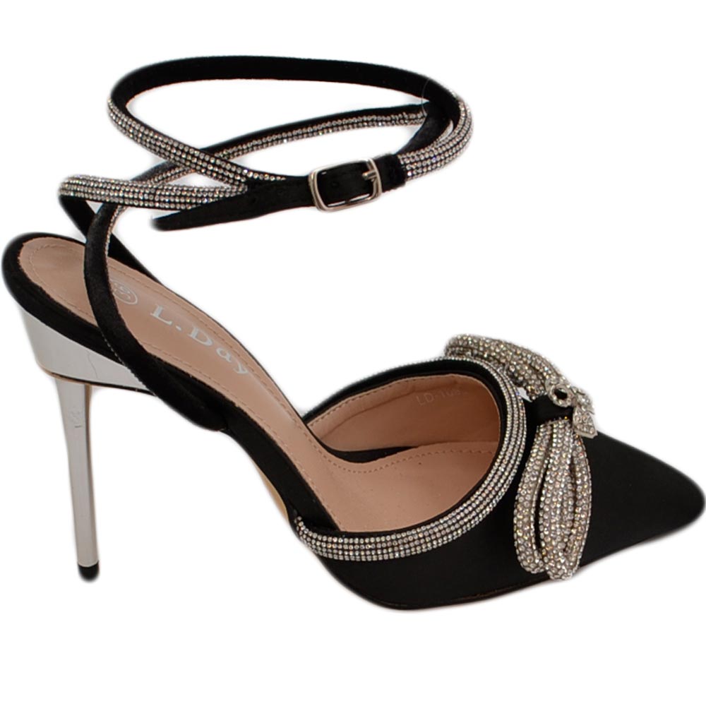 Decollete' donna gioiello elegante fiocco strass in raso nero con tacco a spillo 120 e cinturino scintillante moda.