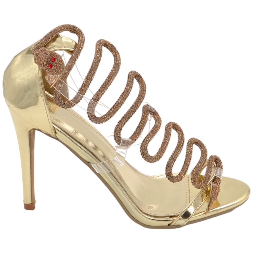 Sandali gioiello donna vernice oro accessorio serpente bronzo avvolgente cinturino trasparente alla caviglia tacco 12