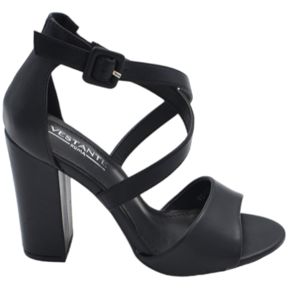 Sandalo donna nero satinato con tacco largo 10 cm e fascia comoda incrocio sul dorso e cinturino alla caviglia.