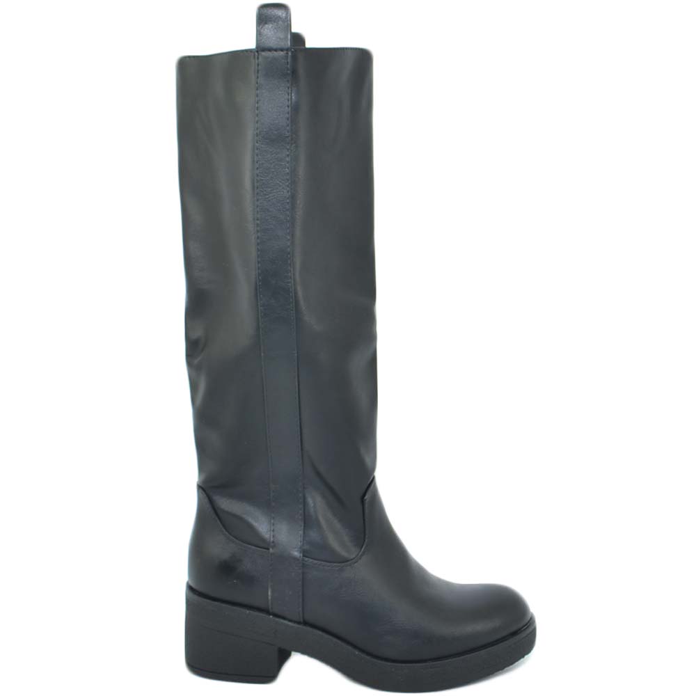 Stivali donna nero basic pianta larga comodi e morbidi fondo in gomma impermeabile alta antistracht sotto ginocchio