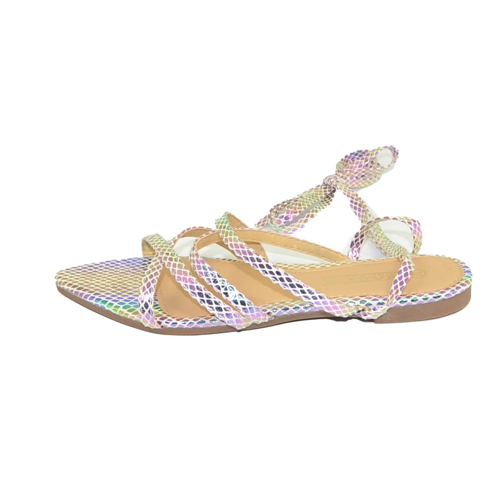 Sandali donna bassi a punta con allacciatura alla schiava incrociati sul dorso fantasia bianco sirena moda