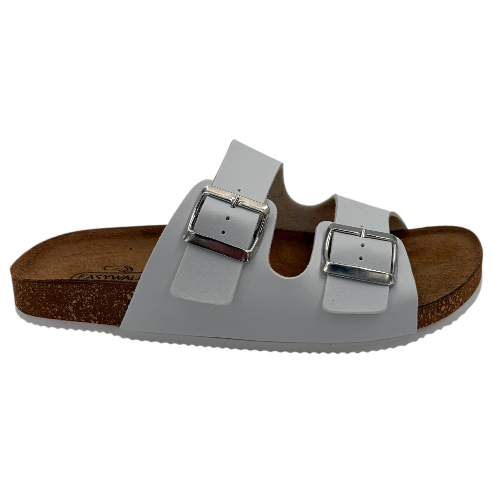 Ciabatta da donna doppia fascia bianca in pelle con fibbie metalliche regolabili e suola in sughero anatomica.