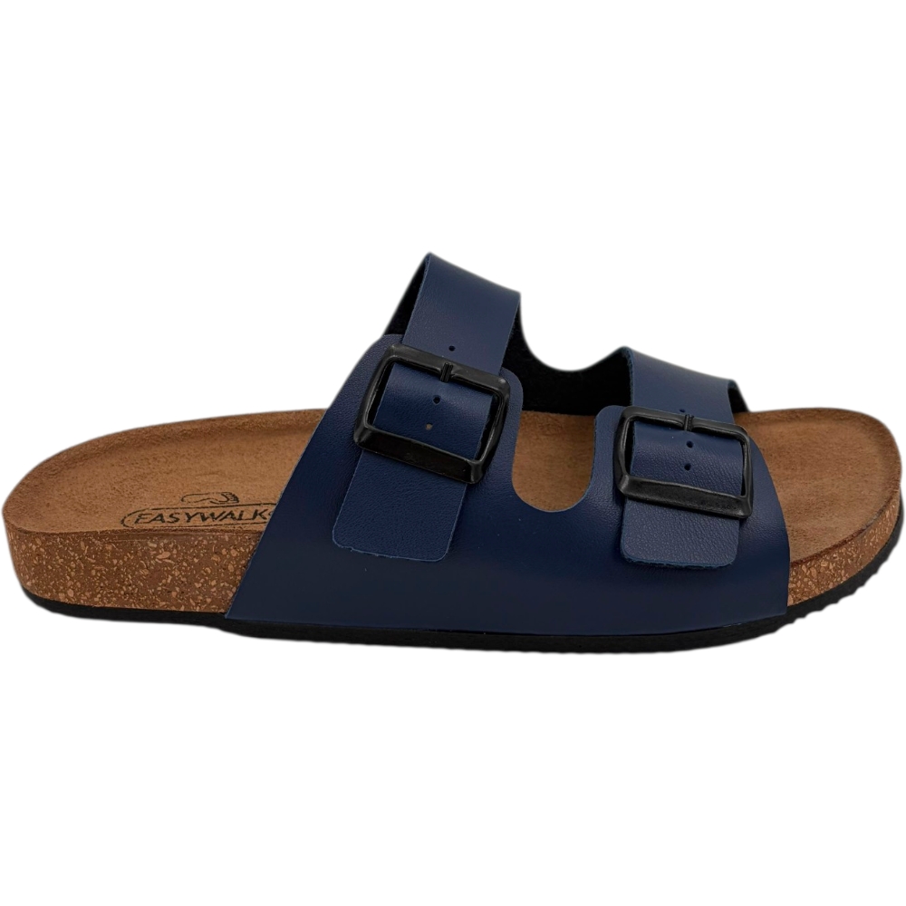 Ciabatta da donna doppia fascia blu in pelle con fibbie metalliche regolabili e suola in sughero anatomica.