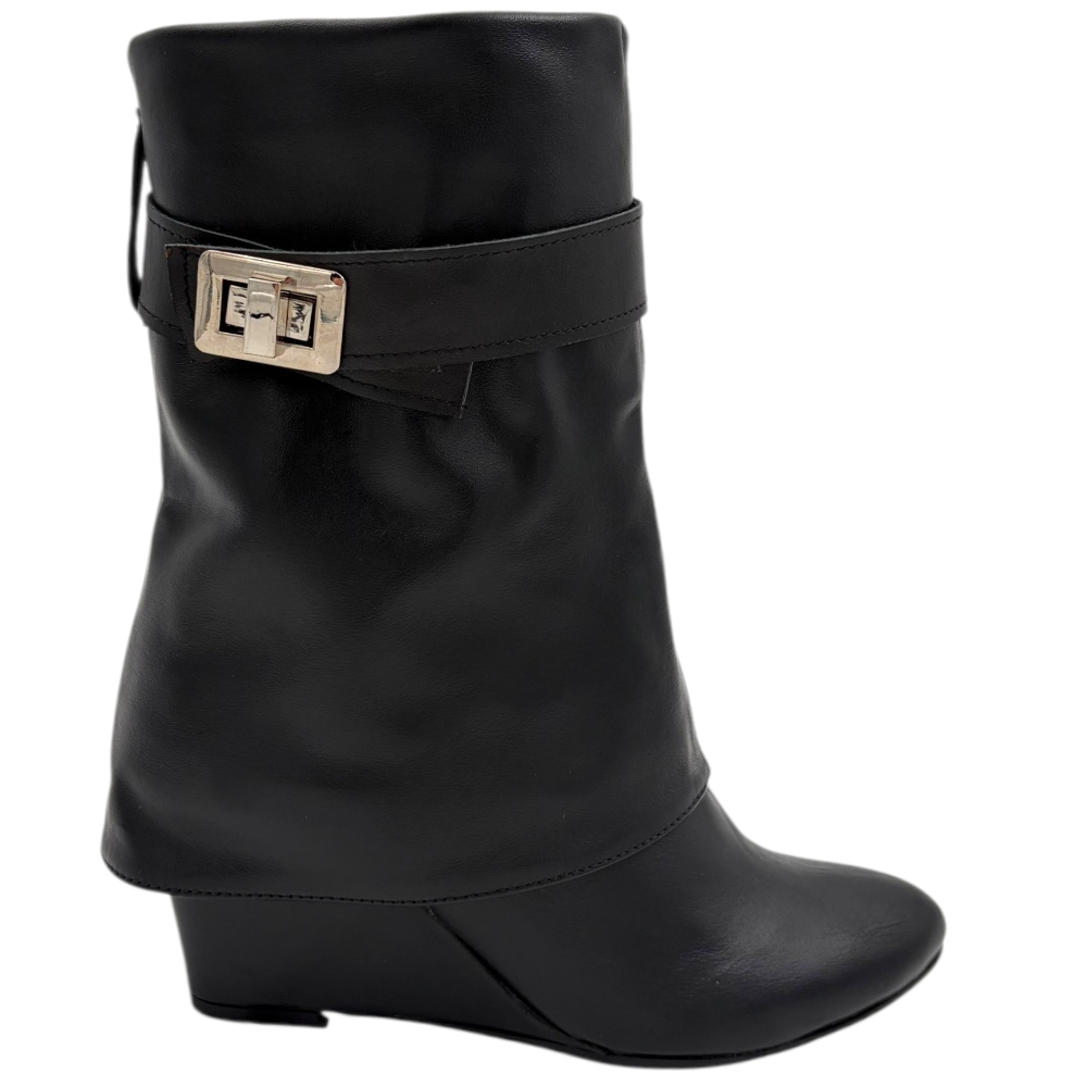 Stivaletti donna in vera pelle nera applicazione argento modello shark risvolto fino a terra zeppa 9 cm con zip.