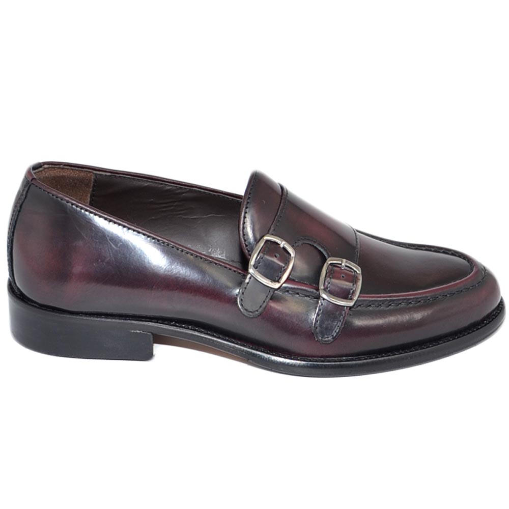 Scarpe uomo mocassino fibbia doppia bordeaux vera pelle abrasivata slip on business linea dandy made in italy.