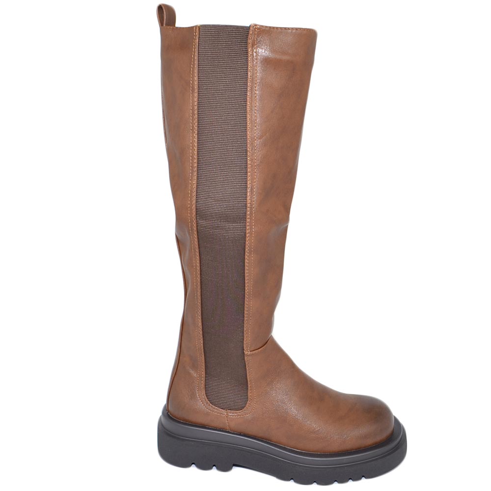 Stivale donna aderente cuoio beatles al ginocchio elastico fondo alto platform zig modello combat con zip moda