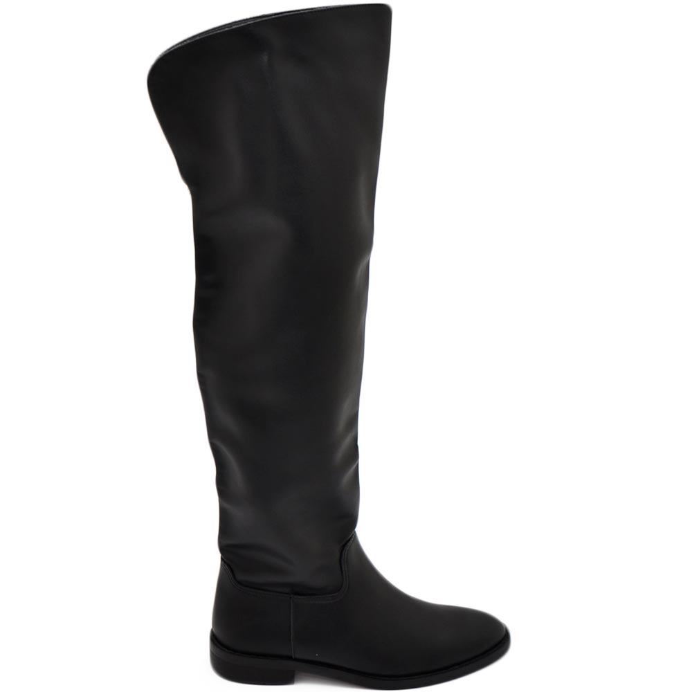 Stivali donna alto a punta tonda nero liscio gambale morbido sopra al ginocchio tacco quadrato basso 2 cm moda con zip.