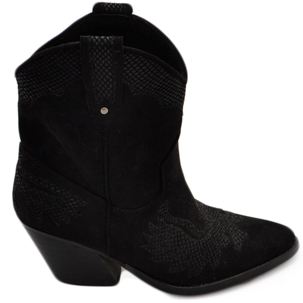 Stivaletto camperos donna basso al polpaccio in camoscio nero con tacco cono  5 cm e zip texano liscio