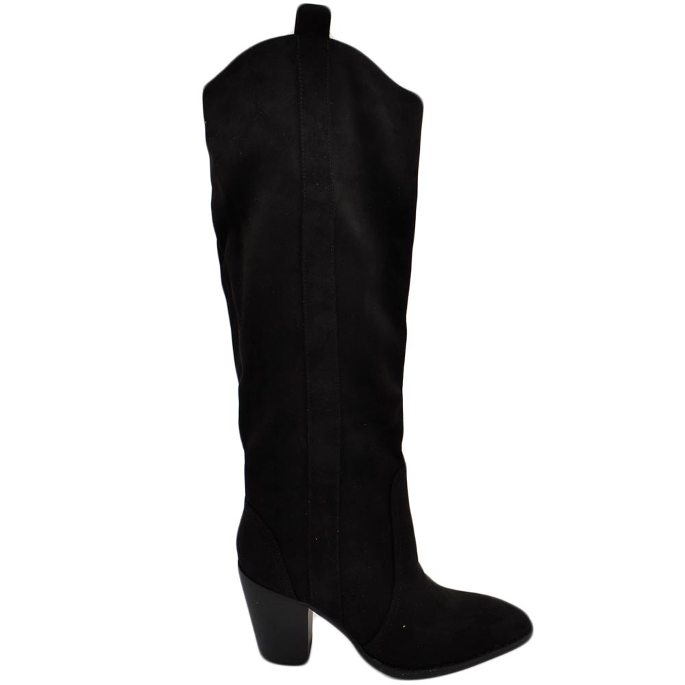 Stivali camperos donna in camoscio nero altezza ginocchio lisci con tacco legno 7 cm quadrato moda zip.