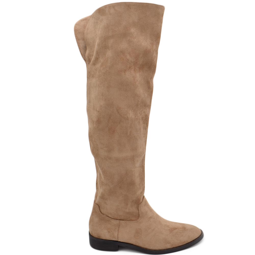 Stivali donna alto a punta tonda beige liscio gambale morbido sopra al ginocchio tacco quadrato basso 2 cm moda con zip.