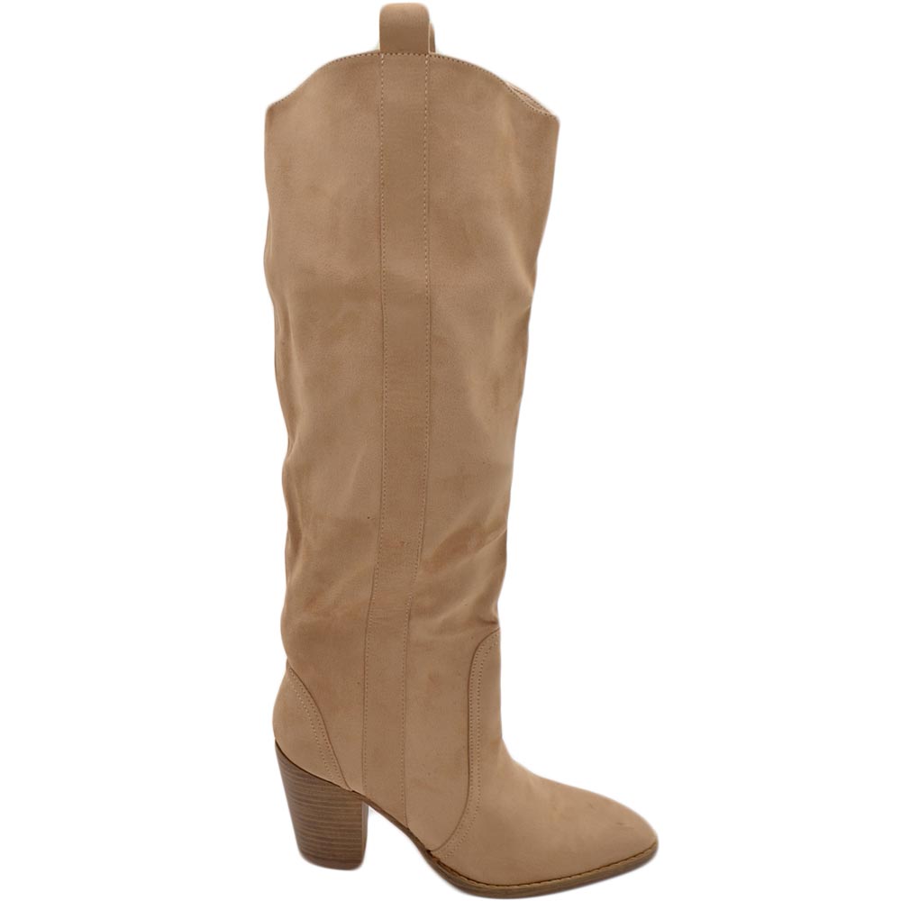 Stivali camperos donna in camoscio beige altezza ginocchio lisci con tacco legno 7 cm quadrato moda zip