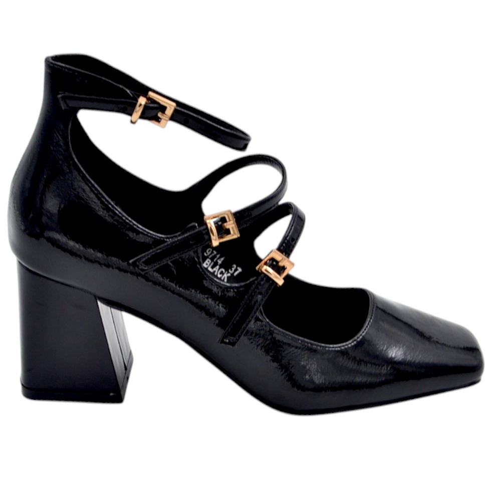 Scarpa decollete' donna punta quadrata con tacco largo 8 cm fibbie oro regolabili nero lucido cinturino caviglia