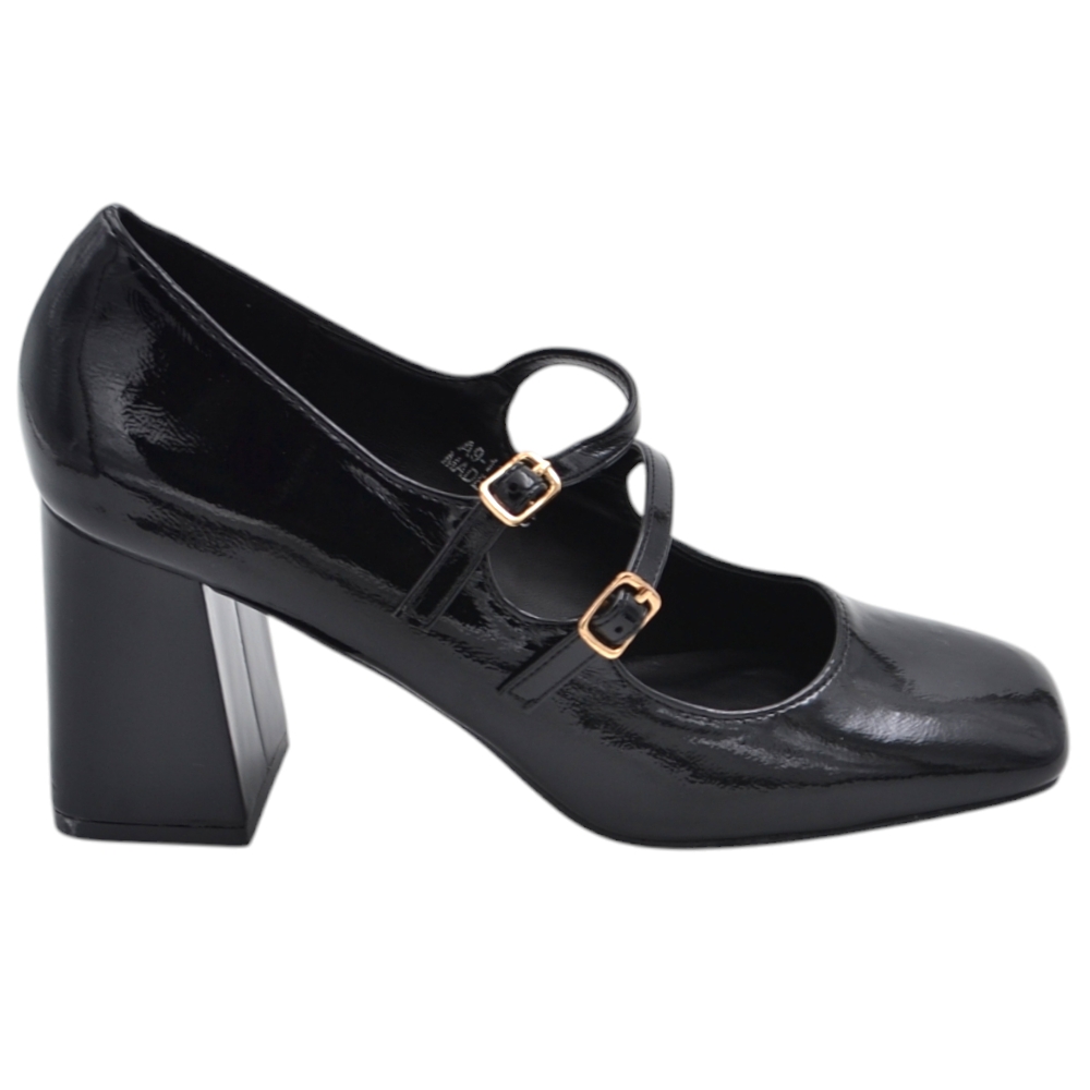 Scarpa decollete' donna punta quadrata con tacco largo 8 cm fibbie oro e cinturini regolabili vernice nero lucido.