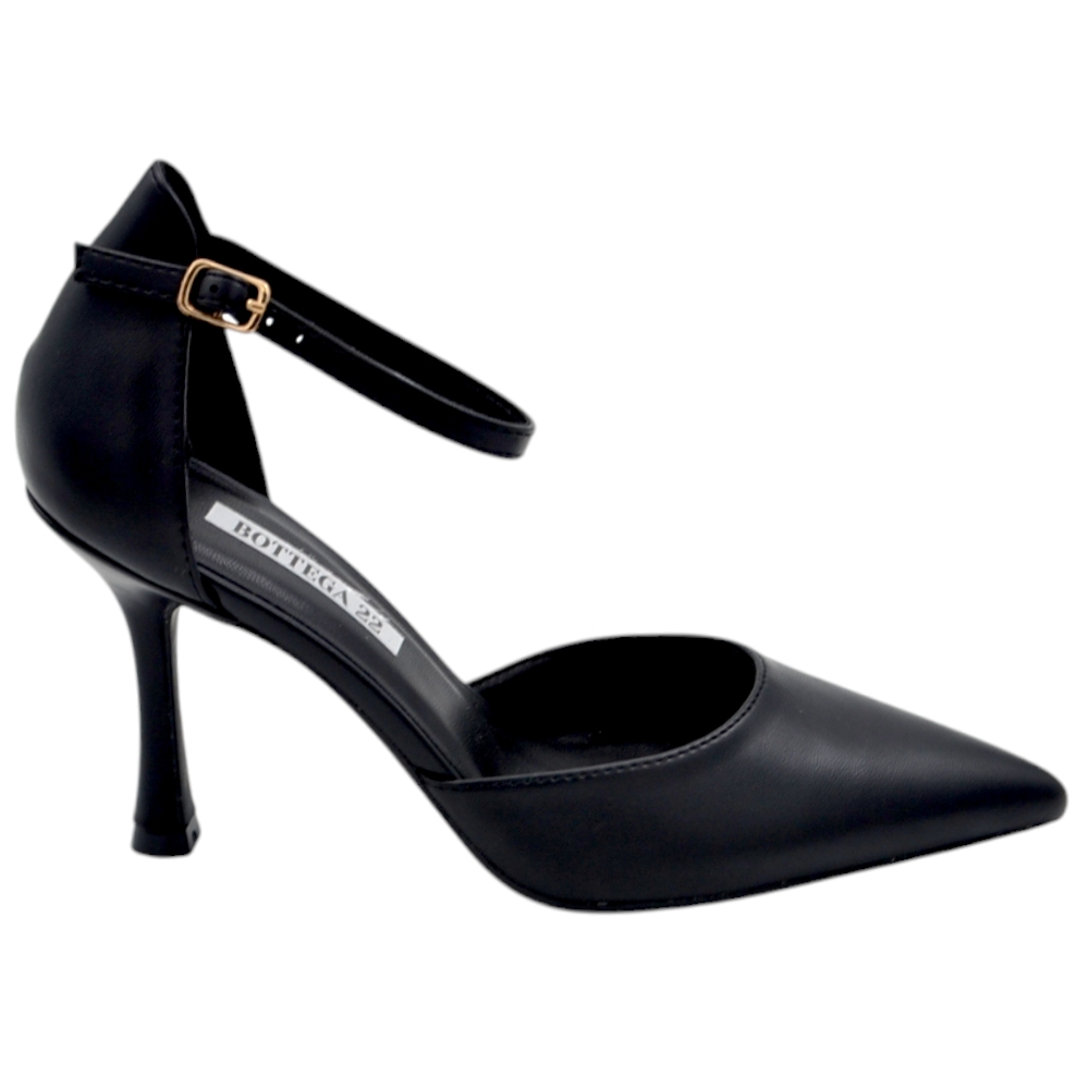 Decolette donna in pelle opaca nera con punta tacco sottile basso 6 cm cinturino alla caviglia regolabile 