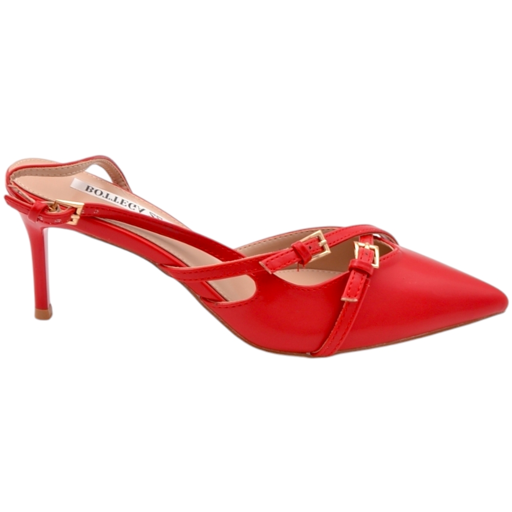 Decolette' donna in pelle matte rossa punta tacco sottile basso 6 cm cinturino regolabile tallone con fibbie e cinturini