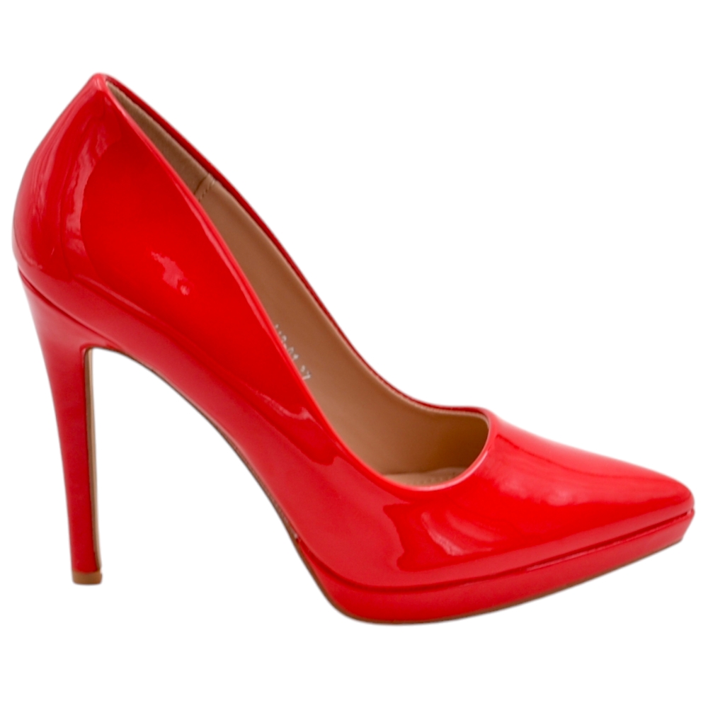 Decollete' donna a punta rossa vernice lucida tacco sottile 12 cm con plateau 2 cm sottopiede imbottito
