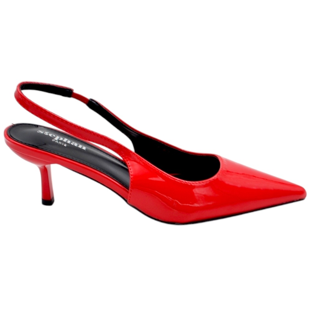Decolette' donna in pelle lucida rossa punta tacco kitten 3 cm cinturino fisso tallone linea basic 