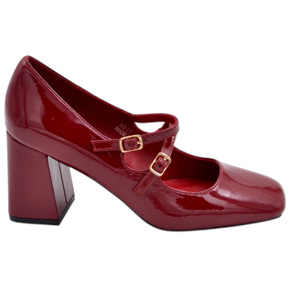 Scarpa decollete donna punta quadrata con tacco largo 8 cm fibbie oro e cinturini regolabili vernice bordeaux lucido