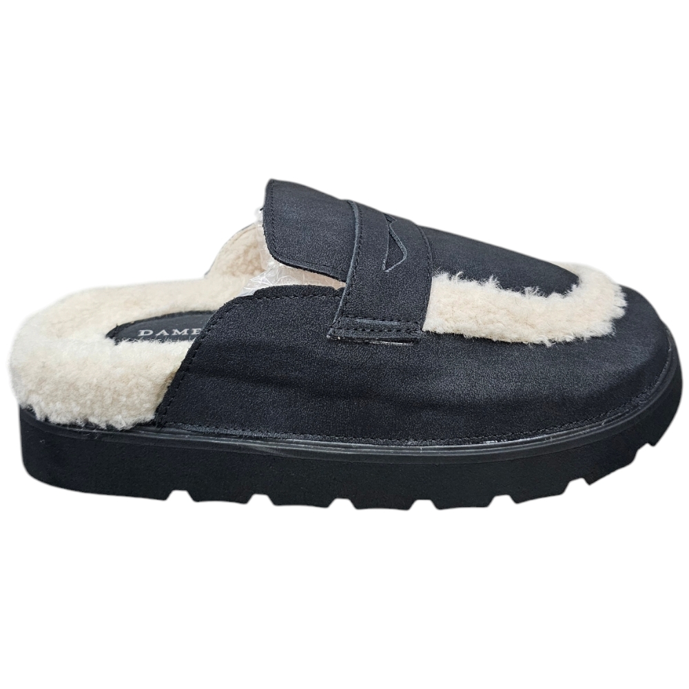 Pantofolina mocassino donna slingback nero interno pelliccia bianco fondo roccia antiscivolo zigrinato 3 cm