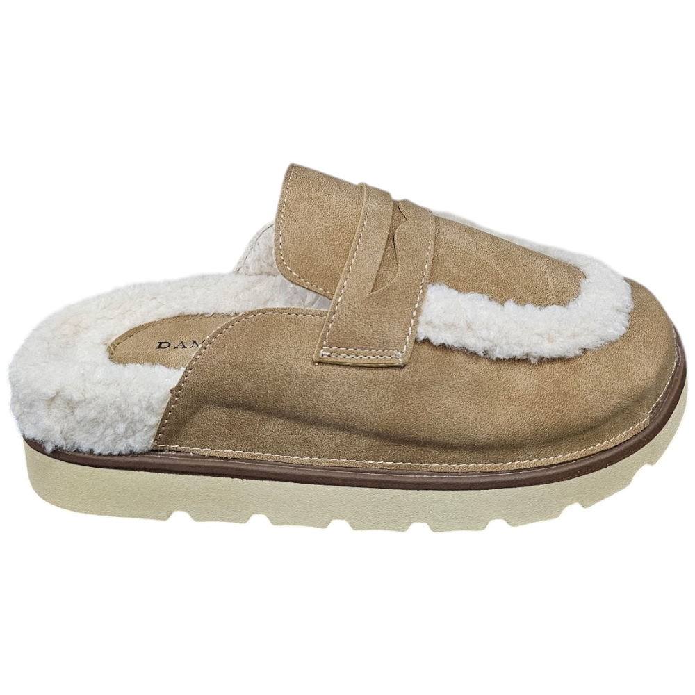 Pantofolina mocassino donna slingback camel interno pelliccia bianco fondo roccia antiscivolo zigrinato 3 cm