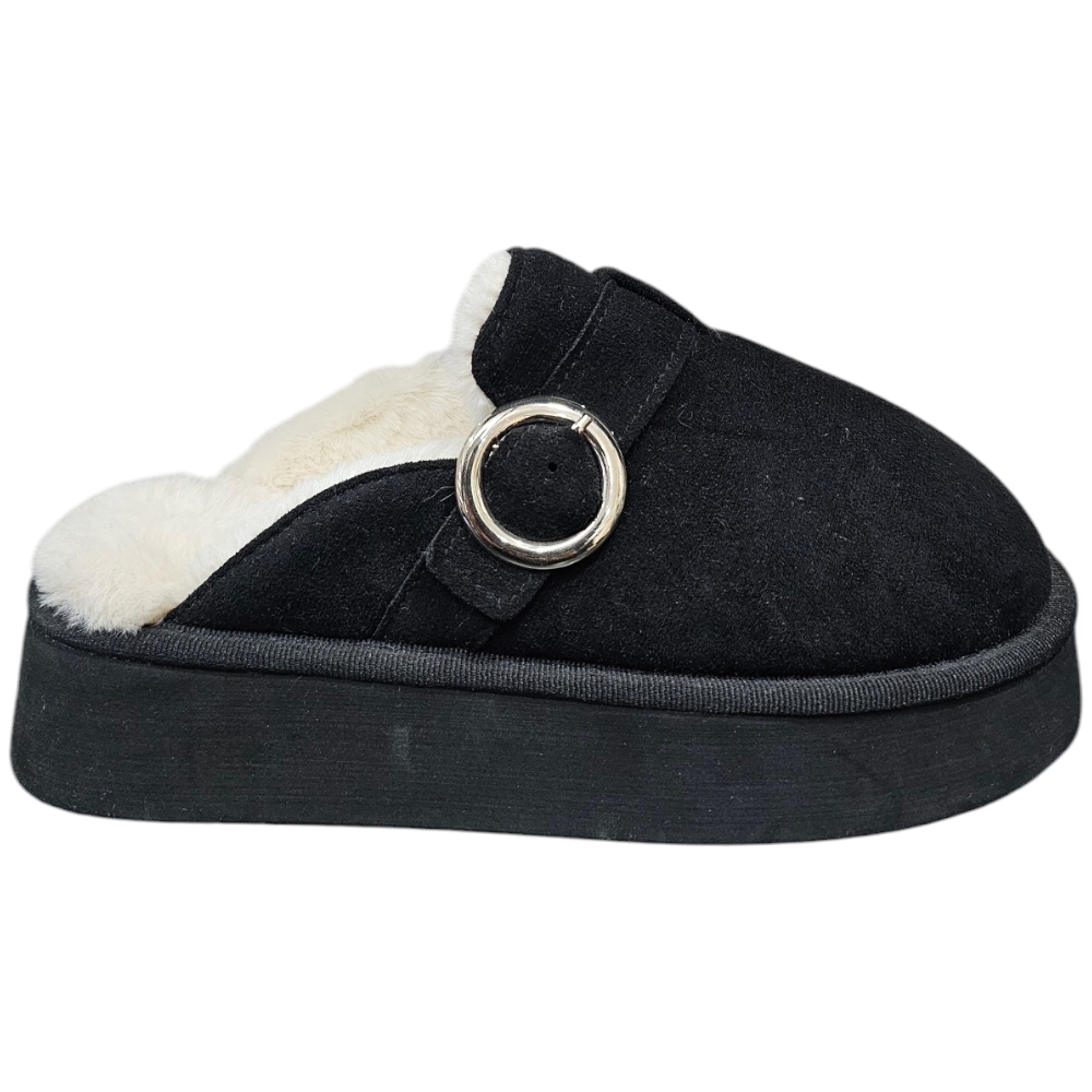Ciabatta pantofola donna nero con interno di pelliccia e fibbia comodo fondo alto 3 cm.