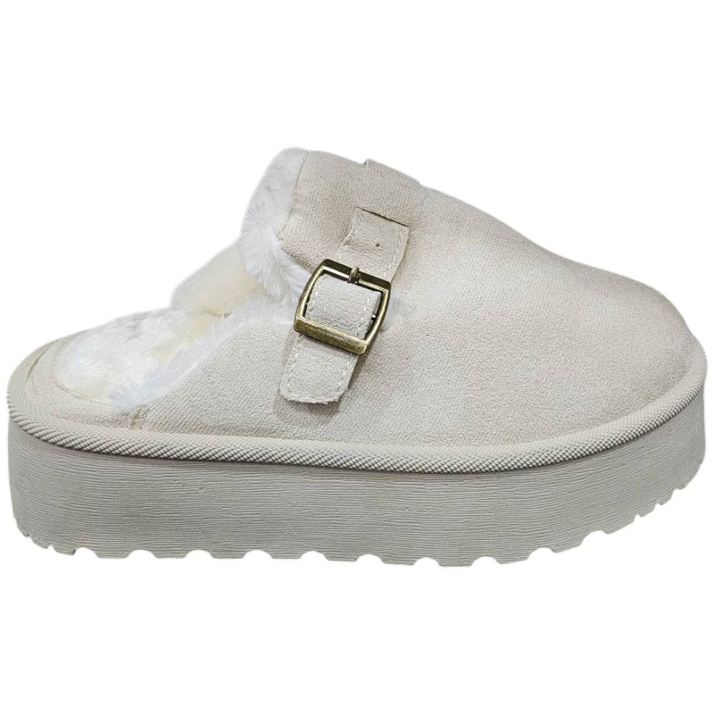 Ciabatta pantofola donna platform latte interno pelliccia bianco slingback fibbia dorata platform 4,5cm