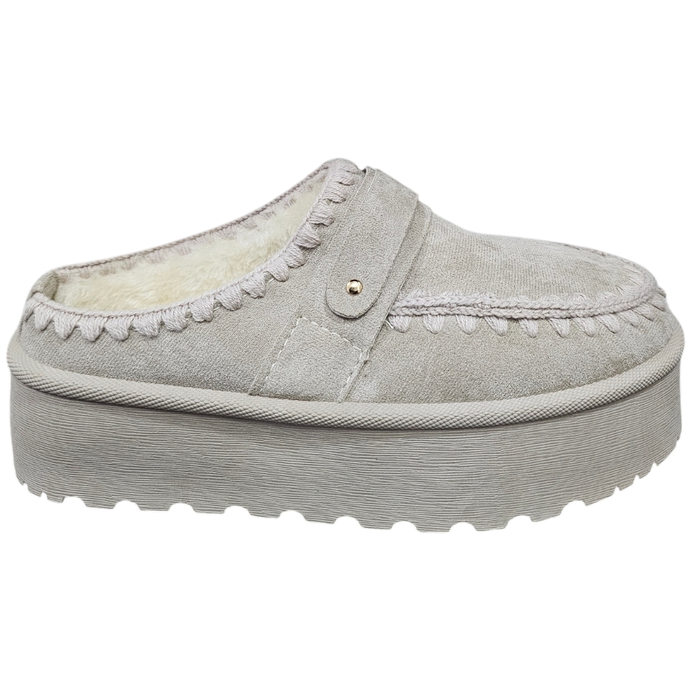 Mocassino pantofola donna platform beige chiaro interno pelliccia bianco slingback comoda fondo alto 4,5cm	