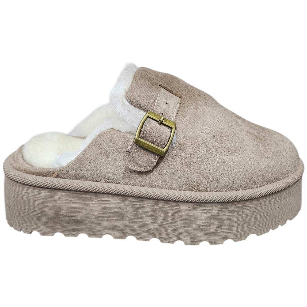 Ciabatta pantofola donna platform tortora interno pelliccia bianco slingback fibbia dorata platform 4,5cm.