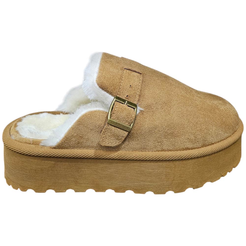 Ciabatta pantofola donna platform camel interno pelliccia bianco slingback fibbia dorata platform 4,5cm.