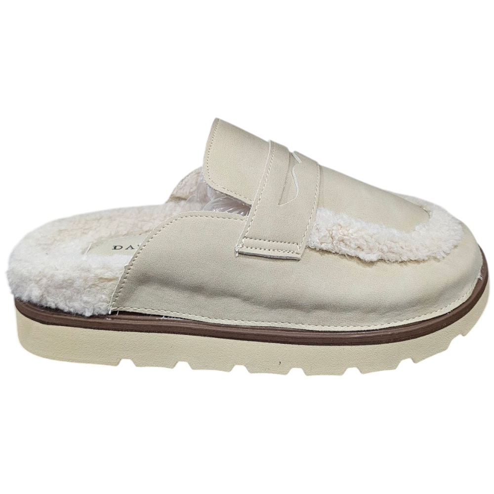 Pantofolina mocassino donna slingback beige interno pelliccia bianco fondo roccia antiscivolo zigrinato 3 cm