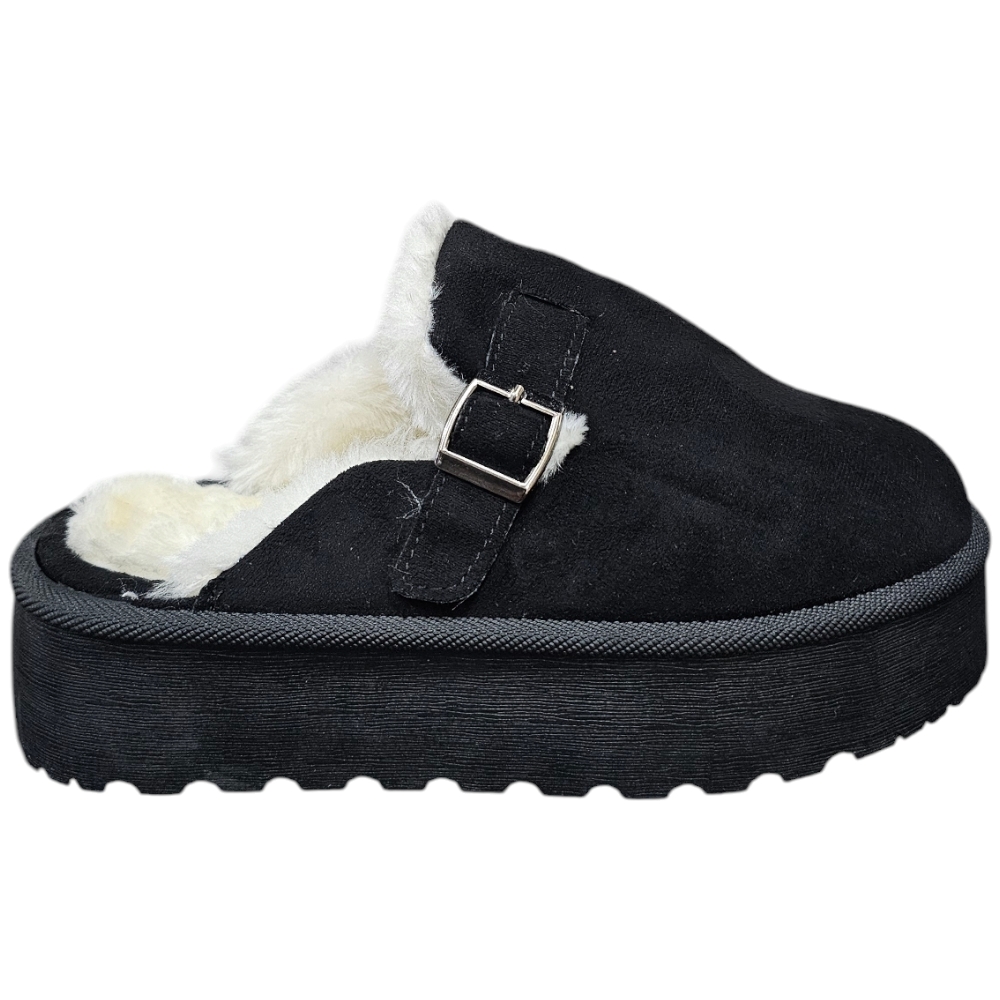 Ciabatta pantofola donna platform nero interno pelliccia bianco slingback fibbia dorata platform 4,5cm