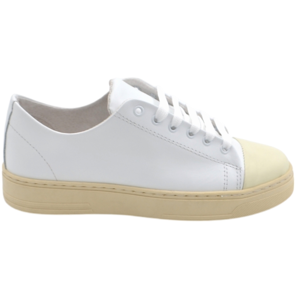 SNEAKERS UOMO BASSA IN VERA PELLE VITELLO BIANCA FONDO ALTO 2,5 CM CON PUNTA BEIGE MADE IN ITALY MODA.