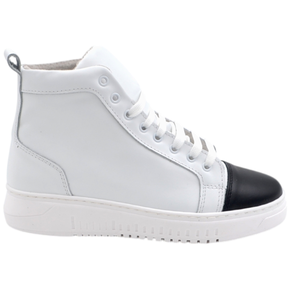 SNEAKERS UOMO ALTA STIVALETTO IN VERA PELLE VITELLO BIANCO FONDO ARMY CON PUNTA NERA MADE IN ITALY MODA
