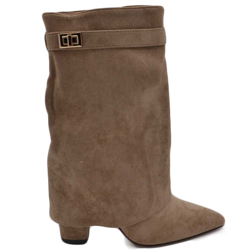 Stivaletto donna tronchetto meta' polpaccio shark a punta in camoscio beige risvolto gancio oro tacco largo 10 zip